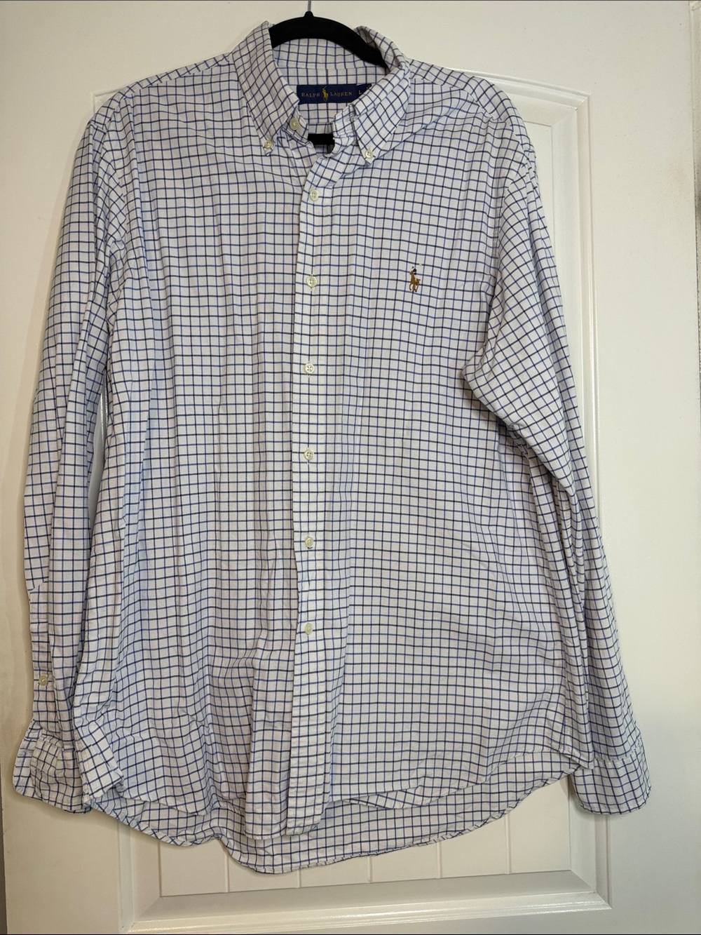 Ralph Lauren White Button-Down Shirt with Blue Windowpane Check